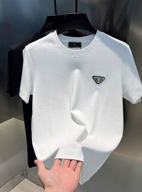 轻奢经典三角金属皮标徽章胸口标短袖T恤基础情侣款上衣男装