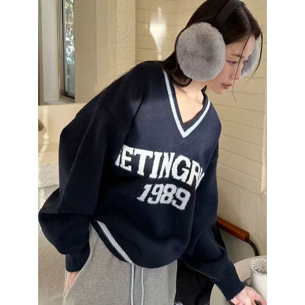 美式复古学院风数字提花毛衣女百花绒水洗秋冬宽松套头针织衫