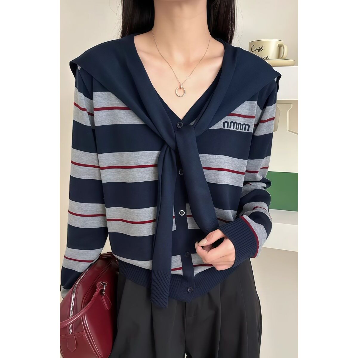 包芯纱洗水海军风撞色条纹针织衫宽松显瘦上衣外搭长袖女两件