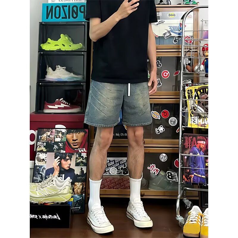 蓝色美式高街工装牛仔短裤男夏季潮牌休闲宽松五分裤健身运动裤子