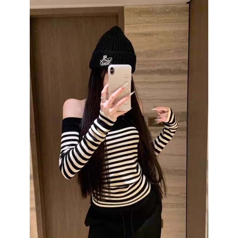 包芯纱一字肩黑白条纹针织内搭纯欲辣妹露肩撞色毛衣