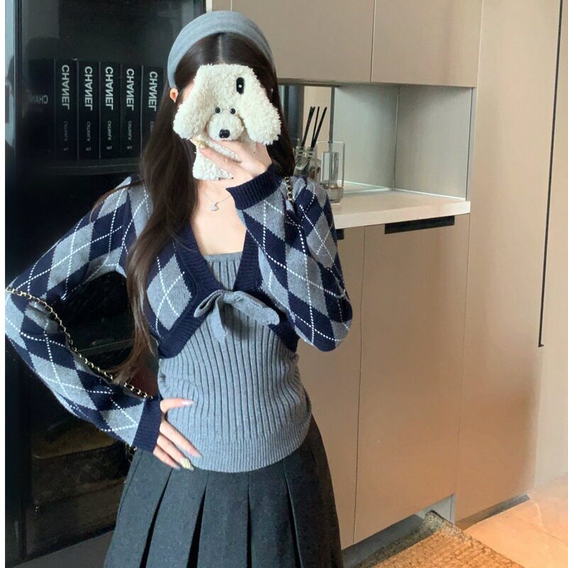 洗水菱格针织长袖开衫背心女蝴蝶结V领慵懒高级感上衣