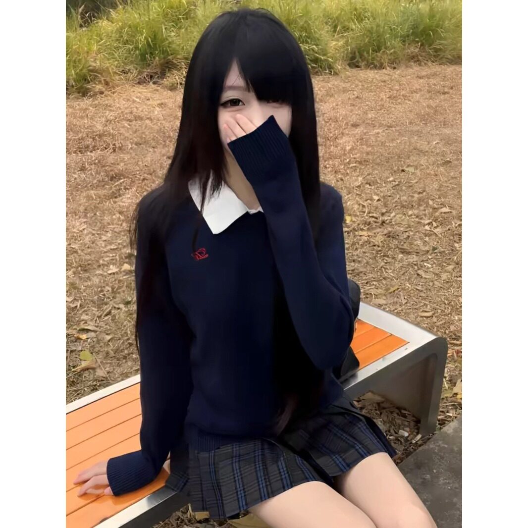 日系jk制服黑色刺绣套头毛衣女秋冬校供感V领针织衫长袖内搭上衣