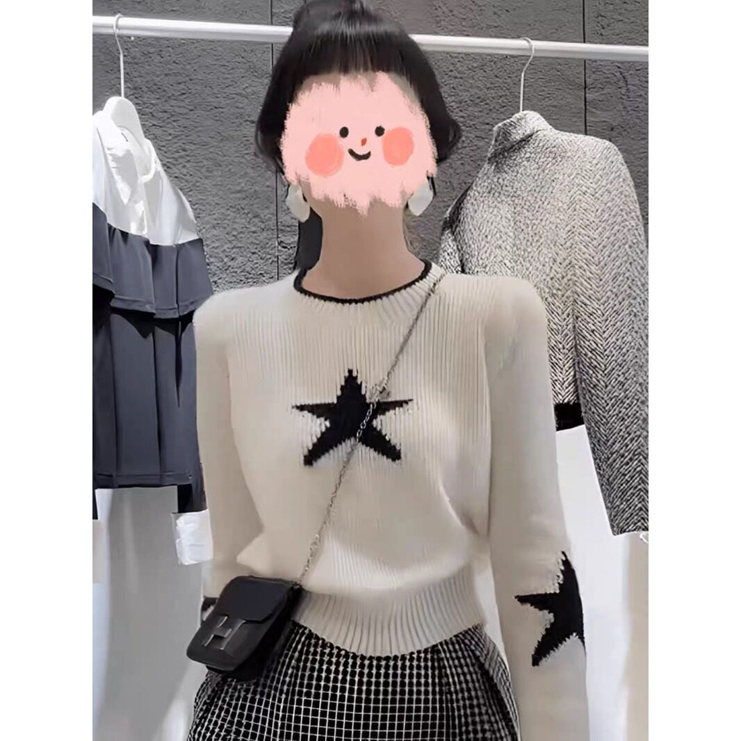 洗水韩系星星喇叭长袖打底针织衫女秋冬修身独特上衣