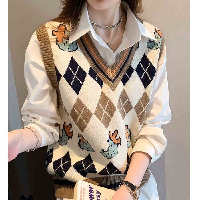 5109叠穿针织马甲女新款设计感小众坎肩外穿菱格毛衣背心马夹