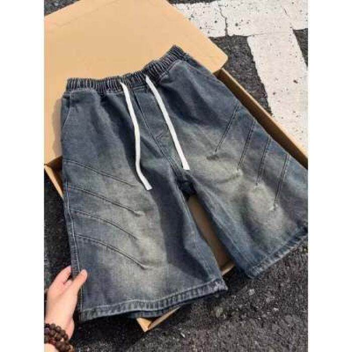 悟空有货潮牌抽绳松紧腰水洗牛仔短裤男女复古夏季宽松百搭五分裤