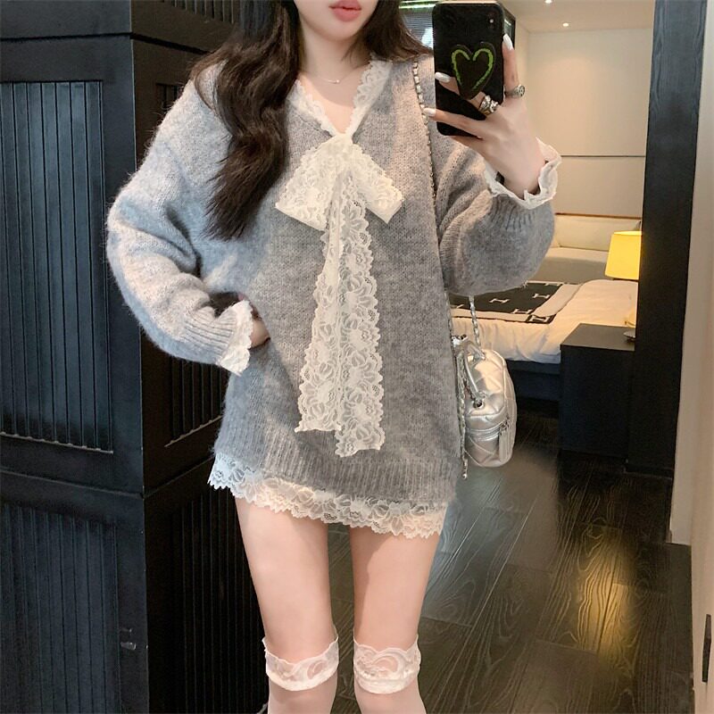 慵懒风加厚灰色毛衣女外穿秋冬高级感蝴蝶结蕾丝上衣中长款针织衫