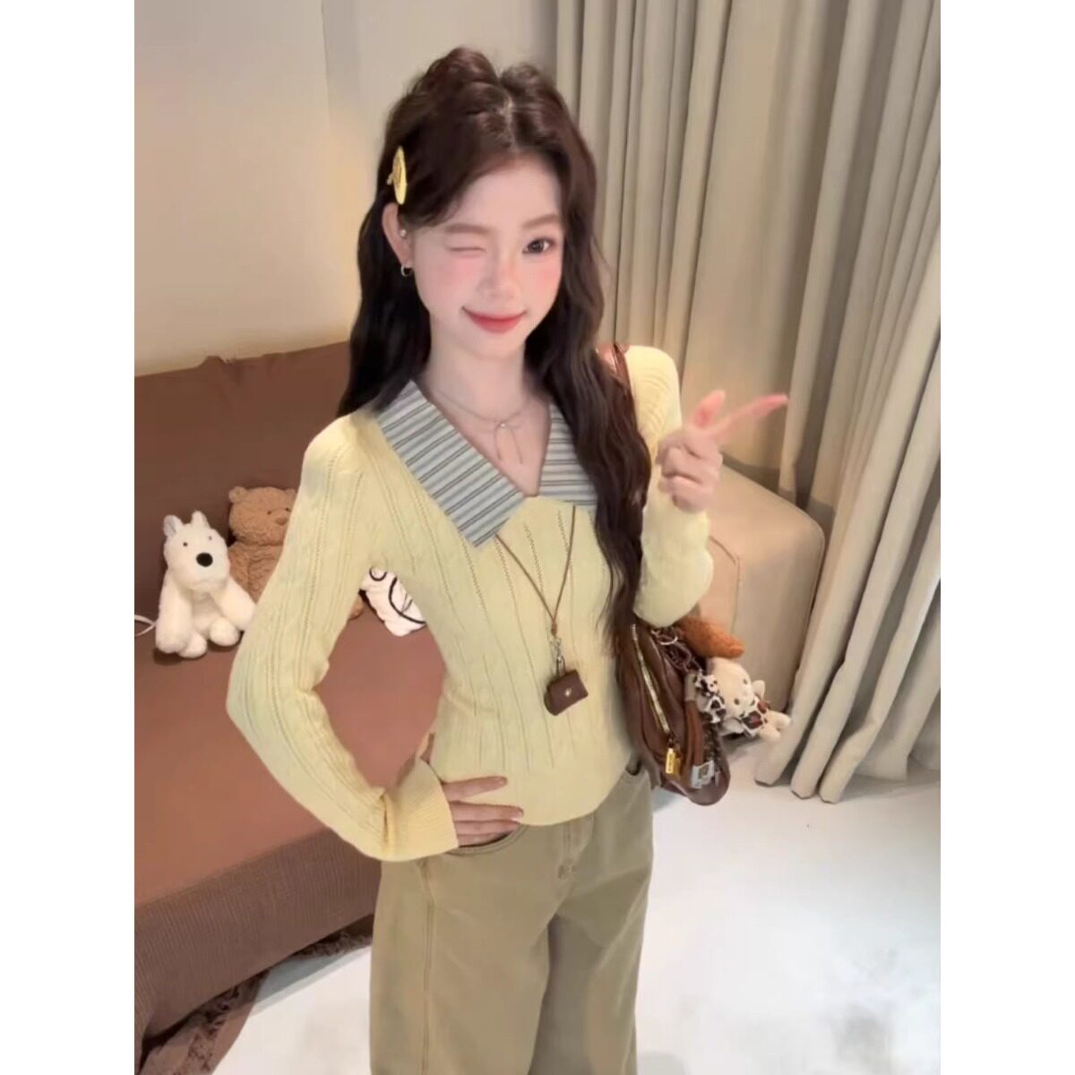 包芯纱洗水韩系翻领条纹毛衣针织衫女秋冬高级感甜美黄色上衣