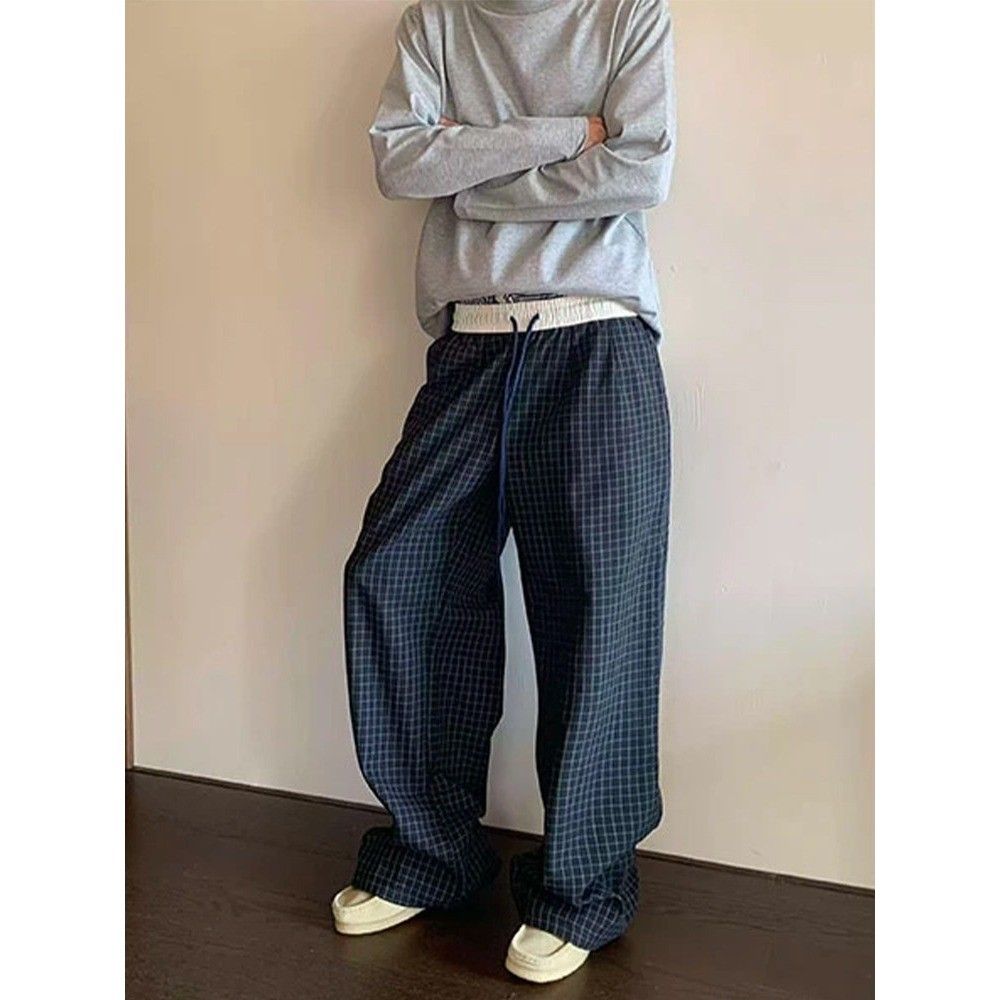 妈个鸡妈JM美式格子裤松弛感褶皱腰头撞色阔腿休闲裤慵懒遛弯裤