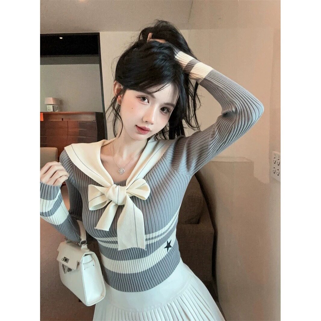 学院风海军领飘带针织衫女秋冬纯欲条纹上衣打底衫内搭jk制服毛衣