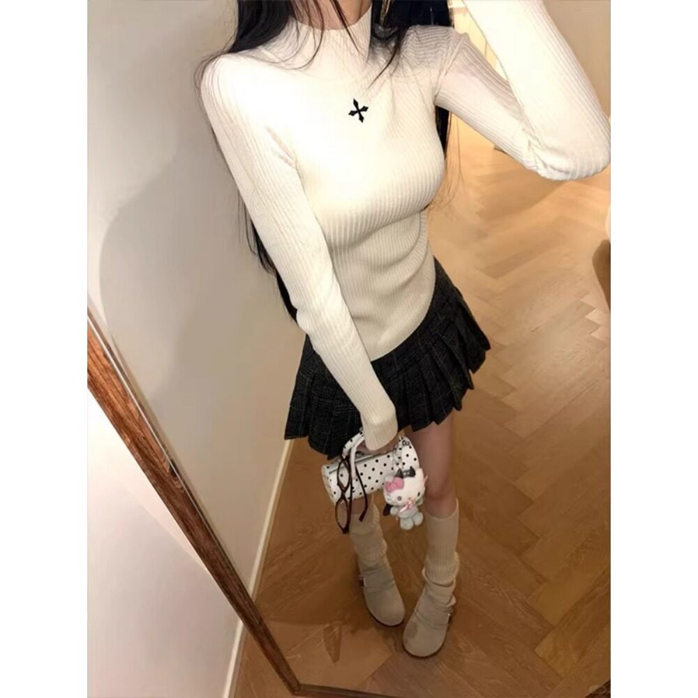 安迪绒洗水半高领坑条刺绣针织衫女秋冬季新款灰色毛衣打底上