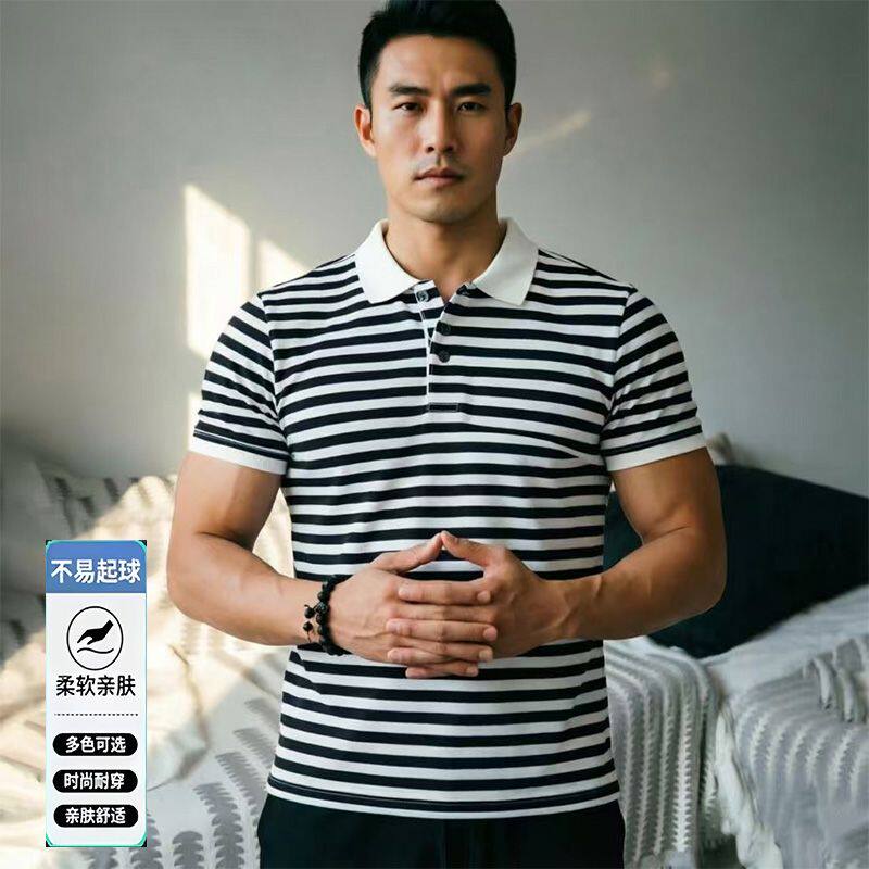 夏季新款条纹男士短袖POLO衫休闲菠萝纹T恤时尚宽松翻领男装