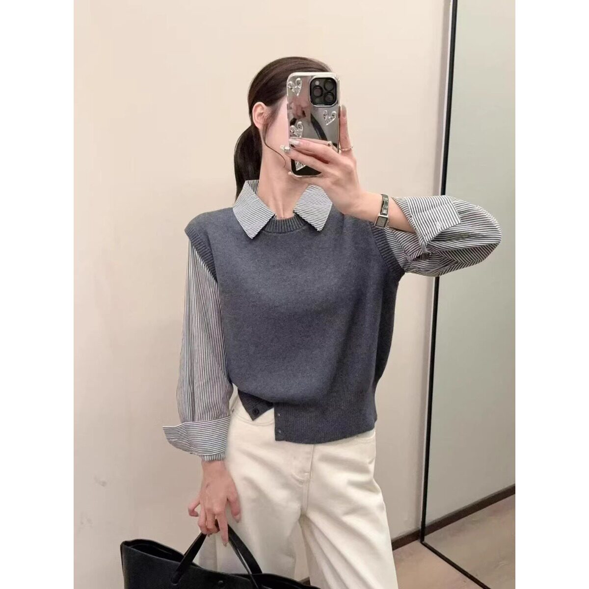 包芯纱洗水韩系针织拼接假两件条纹衬衫领毛衣女新款秋宽松上