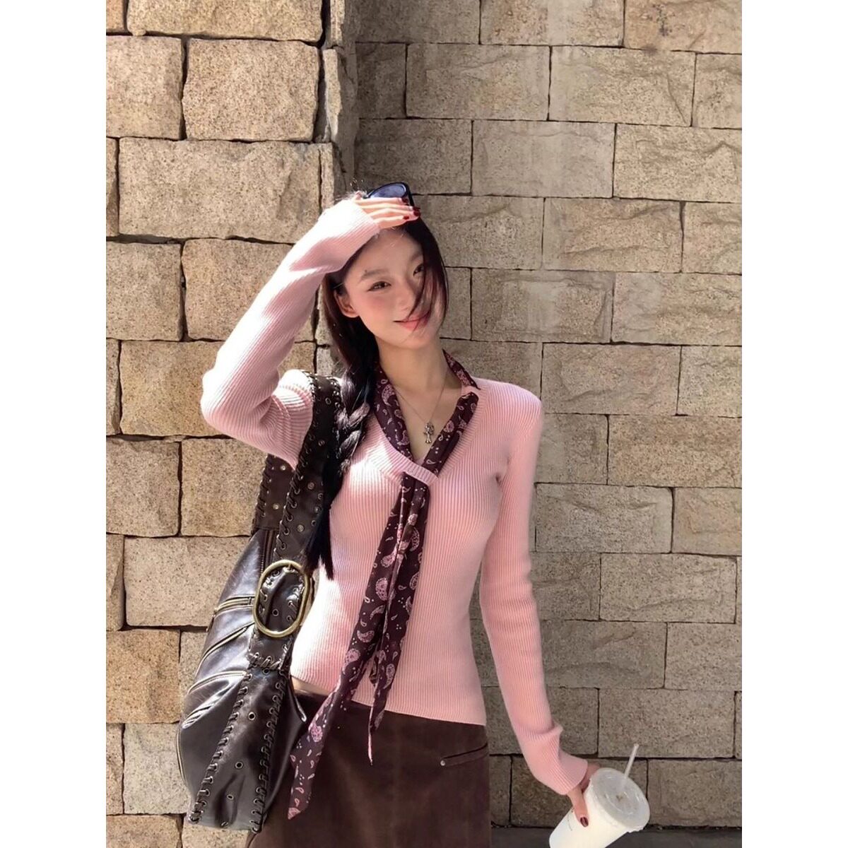 包芯纱洗水毛衣女冬季外穿内搭慵懒高级感上衣设计感粉色针织