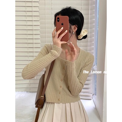 2293早秋新款坑条纹针织开衫女打底短款毛衣裙子吊带外搭上衣