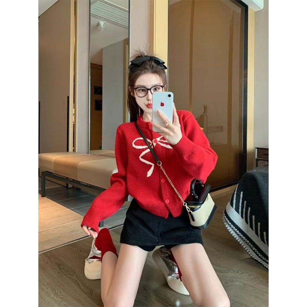包芯纱洗水蝴蝶结针织开衫女秋冬新款加厚短款内搭毛衣外套