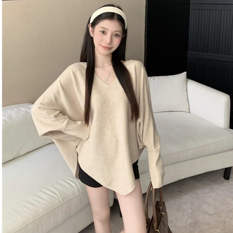 复古慵懒荡领毛衣女秋冬新款高级感宽松气质针织衫别致蝙蝠袖上衣