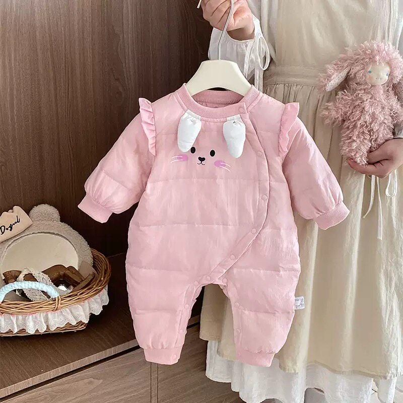 婴幼儿冬装连体衣女宝宝公主风卡通哈衣棉服百天周岁外出服羽绒服