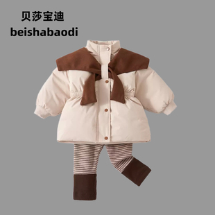 加绒条纹打底裤 女宝宝保暖夹棉加厚棉服外套 两件套 冬季 婴儿套装