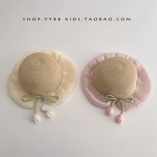 婴幼儿女宝宝遮阳防晒帽子洋气甜美渔夫帽外出游玩编织草帽春夏款