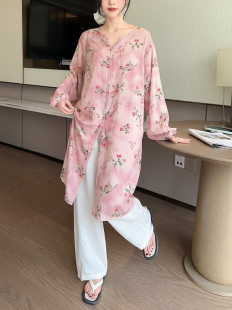 棉绸长款衬衫女夏季宽松显瘦百搭长袖衬衣薄款防晒衣人造棉连衣裙