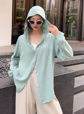 纯棉绸衬衫女夏季大码人造棉开衫长袖外搭宽松连帽防晒上衣外套薄