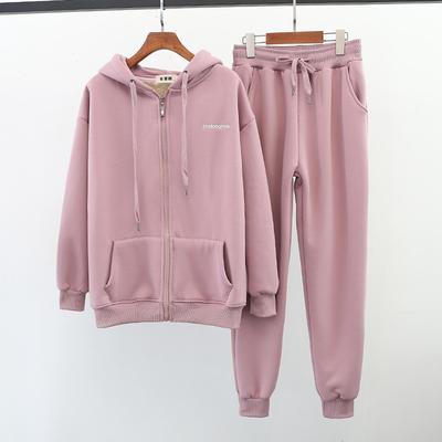 加绒加厚卫衣两件套女2024新宽松连帽拉链外套羊羔绒运动套装秋冬