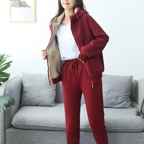 加绒运动套装女秋冬2026新款时尚洋气减龄羊羔毛外套休闲服两件套
