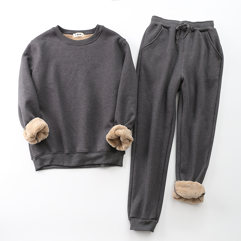 羊羔绒套装男冬季保暖抓绒圆领卫衣两件套男装宽松加绒加厚运动服