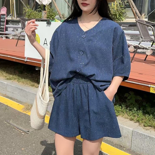 氣質V領中袖 2025歐貨新款 女時尚 短褲 兩件套夏季 短袖 亞麻套裝 開衫