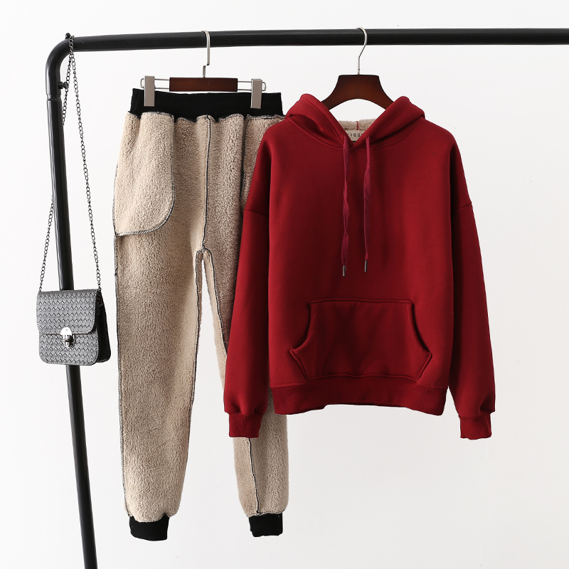 秋冬加绒加厚连帽卫衣套装女宽松大码休闲套头羊羔绒外套运动套装