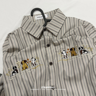 STRAPPING卡通小狗竖条纹刺绣涤纶短袖衬衫日系复古男女潮流街头