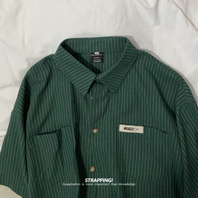 STRAPPING竖条纹口袋美式全棉复古夏季短袖衬衫男女日系INS港风