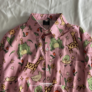 STRAPPING动物童趣涂鸦碎花复古短袖 男女夏威夷日系泰国 花衬衫