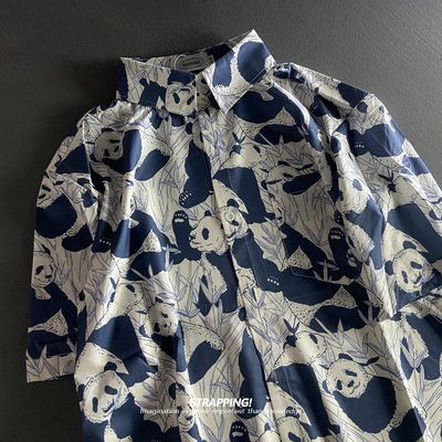 STRAPPING大熊猫线描碎花短袖花衬衫男女夏威夷沙滩INS复古日系