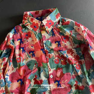STRAPPING红色印象碎花长袖花衬衫港风复古vintage日系男女痞帅秋