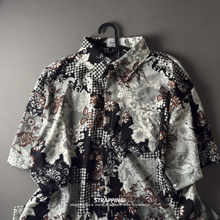 STRAPPING黑底浮世绘线描碎花短袖花衬衫男女夏威夷泰国复古日系