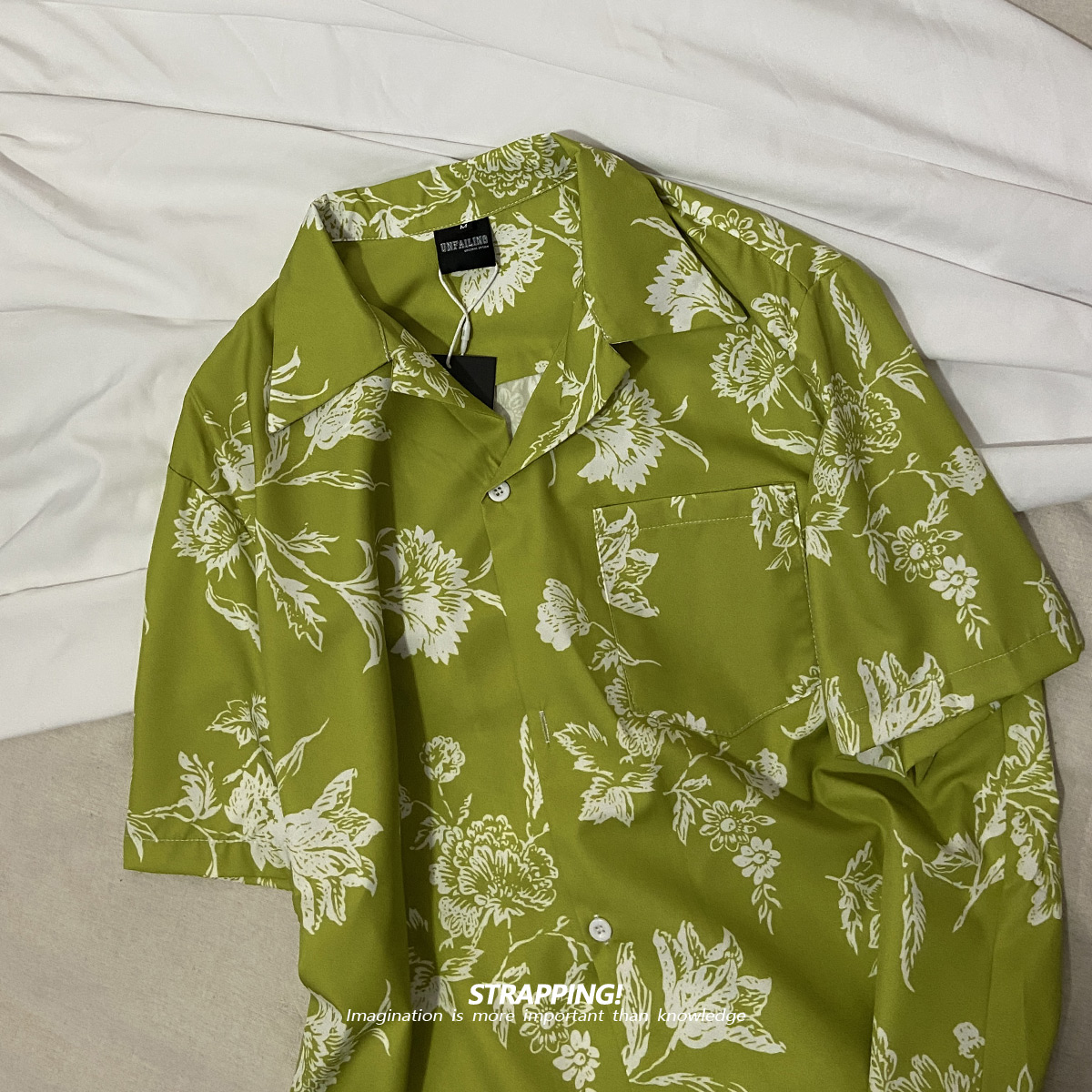 STRAPPING牛油果绿田园古巴领短袖花衬衫男女夏威夷复古日系港风