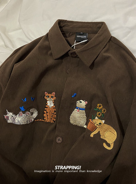 STRAPPING猫咪卡通刺绣灯芯绒复古长袖衬衫港风日系男女痞帅秋