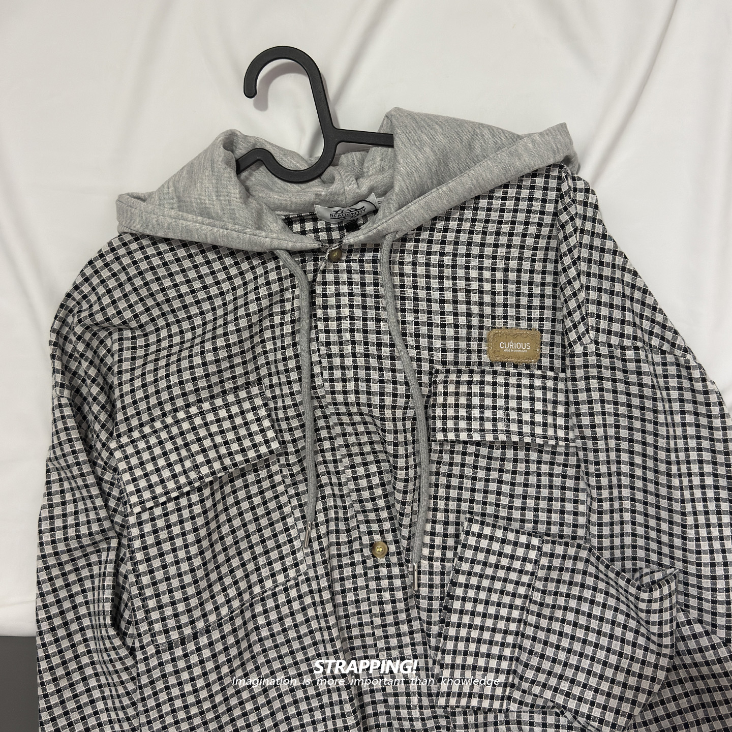 STRAPPING假两件连帽小格纹全棉长袖衬衫港风复古日系男女春秋