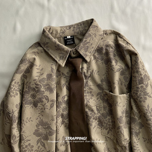 STRAPPING古典碎花灯芯绒长袖花衬衫外套港风复古日系男女痞帅秋
