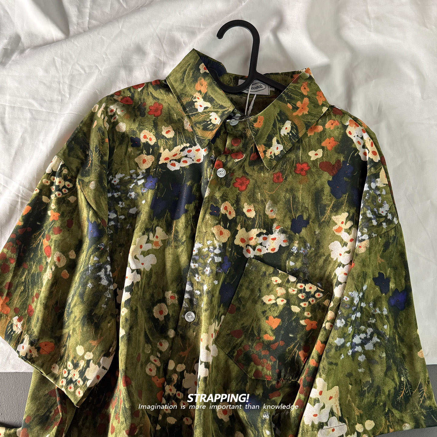 STRAPPING草绿油画印象碎花短袖花衬衫男女夏威夷泰国复古日系图片