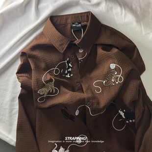 男女日系复古港风潮流街头 衬衫 STRAPPING小猫咪日式 刺绣涤纶长袖