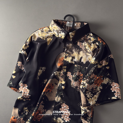 STRAPPING浮世绘日式黑底碎花短袖花衬衫男女夏威夷泰国复古日系