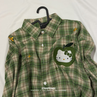 衬衫 Kitty卡通格子长袖 男女日系复古港风潮流 hello STRAPPING