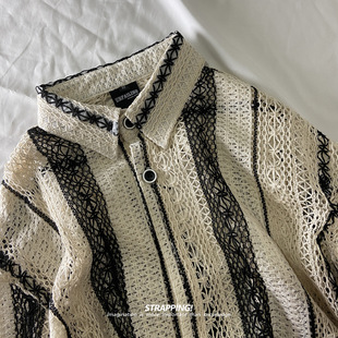 日系复古男女INS宽松文艺 衬衫 STRAPPING镂空透感 粗条纹棉质长袖