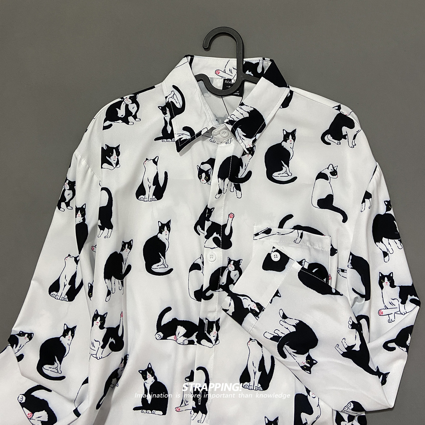 STRAPPING慵懒猫咪日式卡通碎花长袖衬衫港风复古日系男女痞帅秋