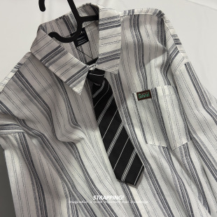 STRAPPING竖条纹棉麻学院风领带INS长袖 港风复古日系男女春秋 衬衫