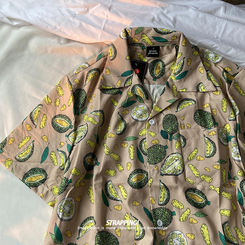 strapping榴莲瓜果碎花古巴领短袖花衬衫男女夏威夷泰国日系复古