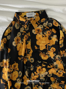 STRAPPING黑底斑驳黄色花卉碎花长袖花衬衫港风复古日系男女痞帅